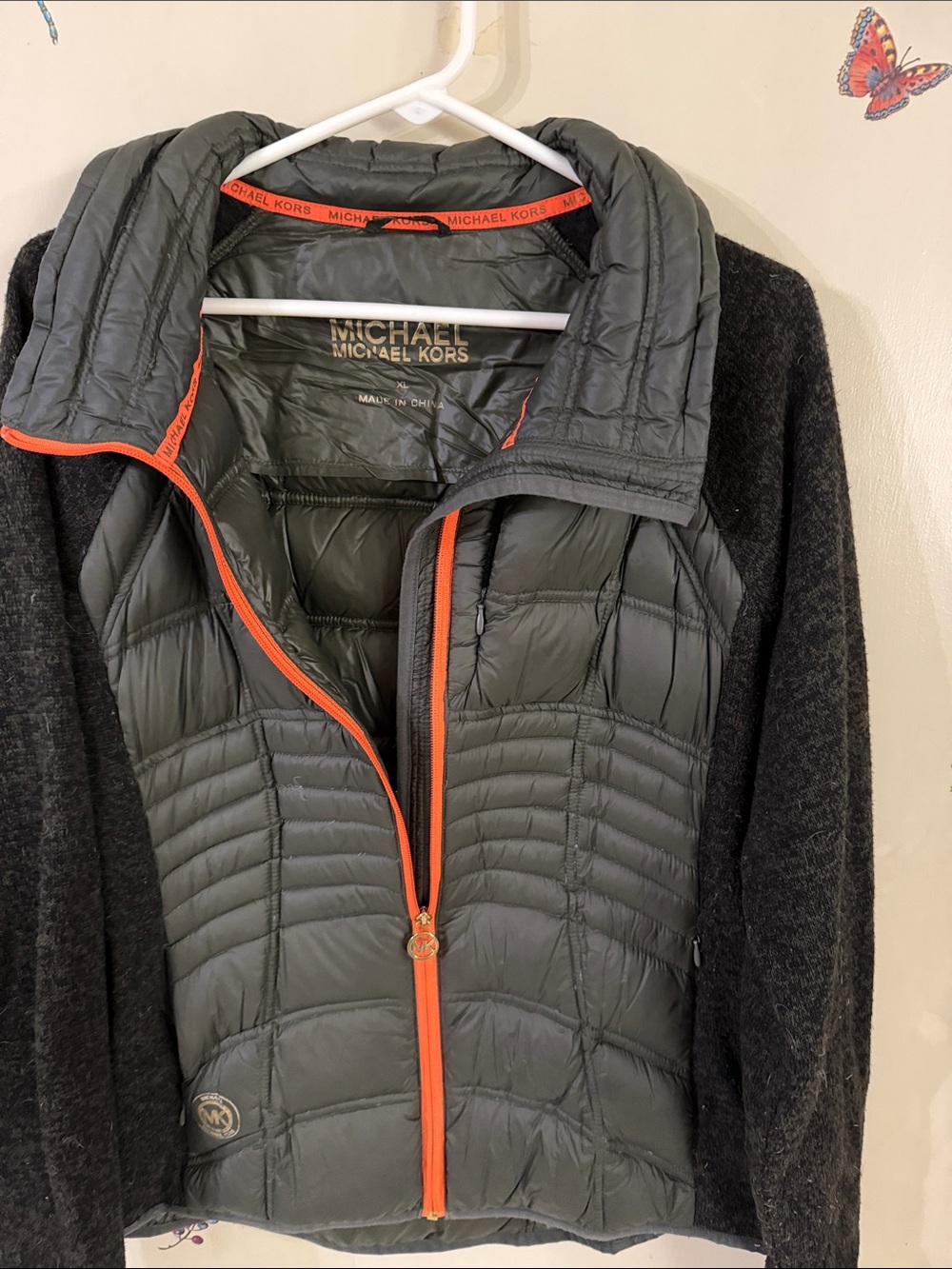 Michael Kors Olive Quilted Puffer Jacket with Gray Knit Sleeves and Orange Trim